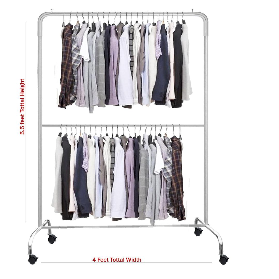 Double Tier Mobile Wardrobe Organizer - Rolling Clothes Rack with Wheels