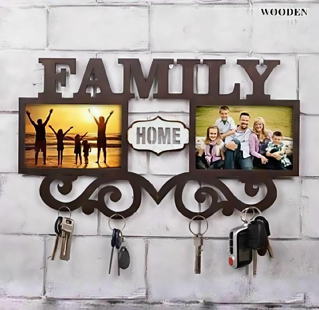 Family Picture Frame Key Holder - Wooden Wall Mount with 4 Hooks | Home Organization