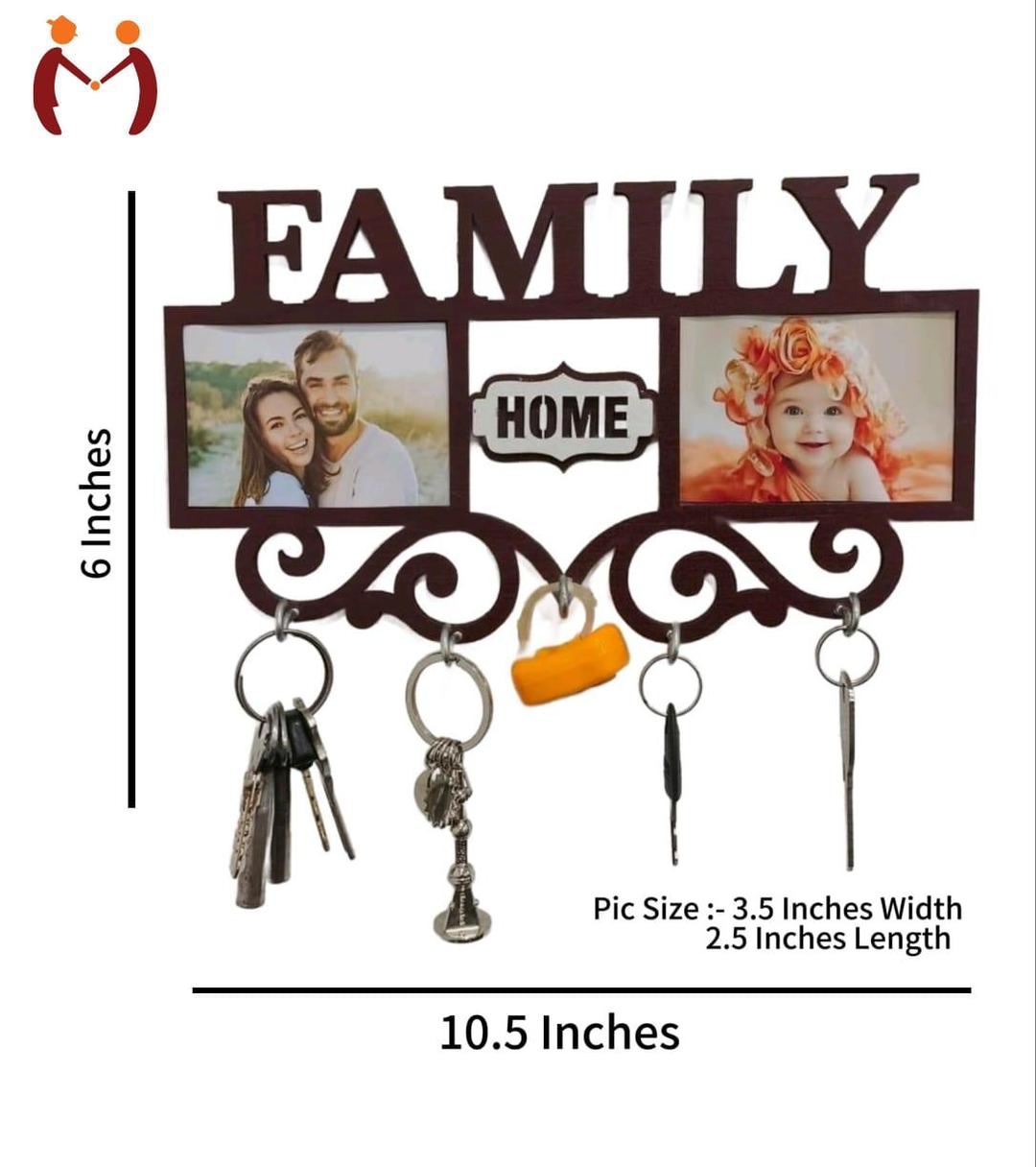 Family Picture Frame Key Holder - Wooden Wall Mount with 4 Hooks | Home Organization