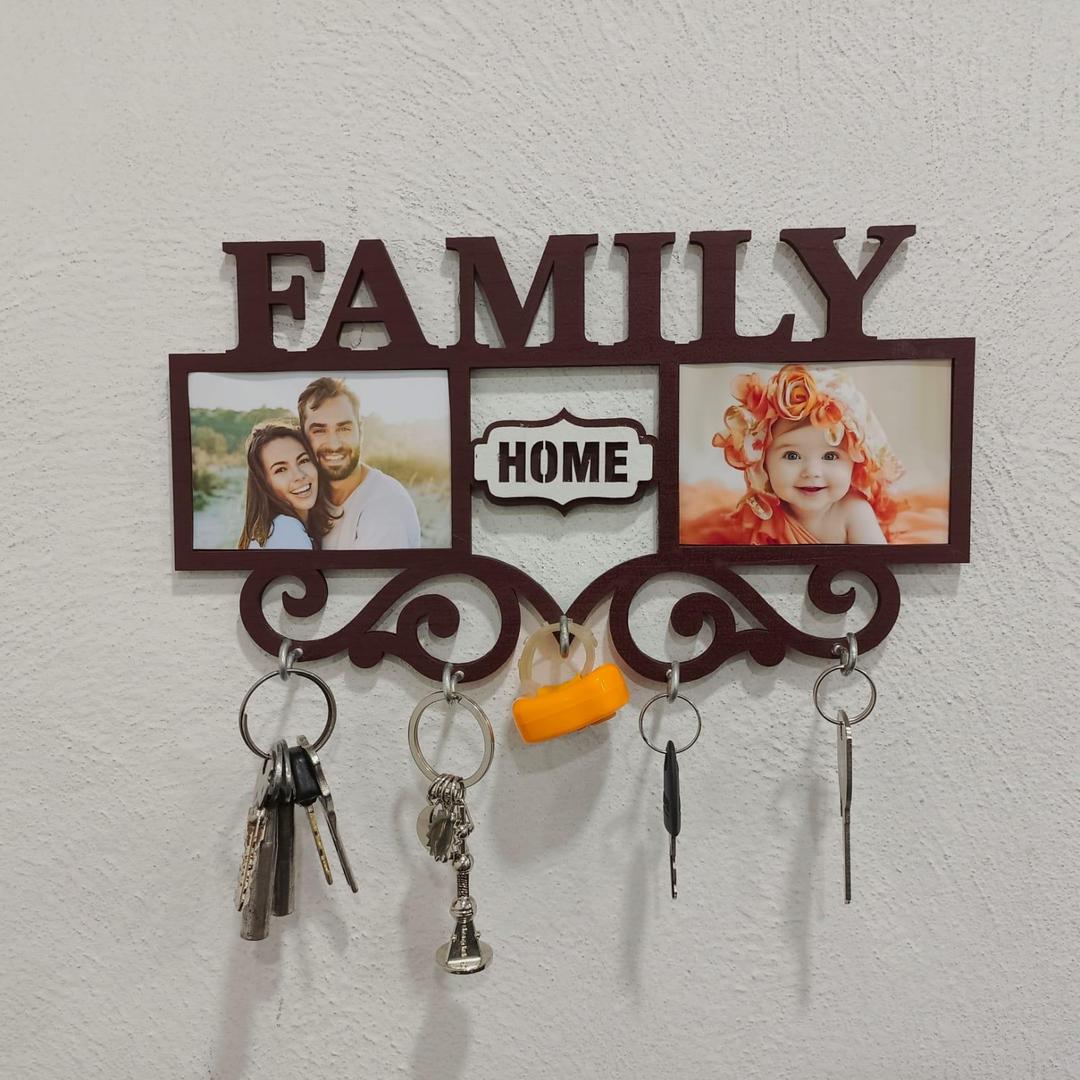 Family Picture Frame Key Holder - Wooden Wall Mount with 4 Hooks | Home Organization