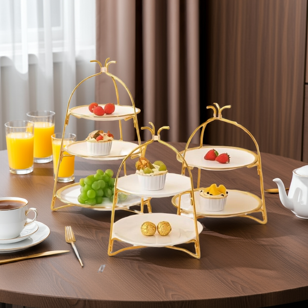 3-Tiered Fruit Cake Rack - Elegant Gold Stand for Parties & Events