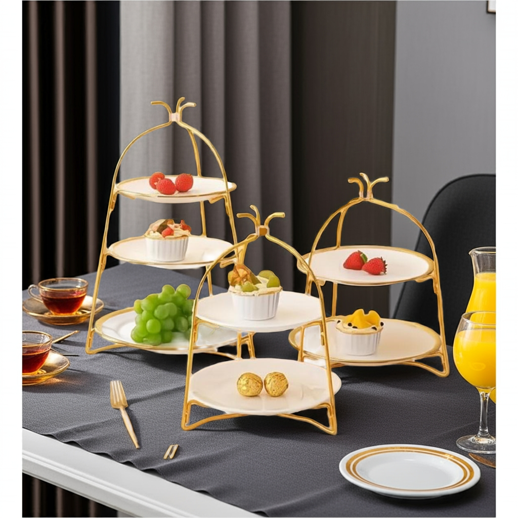 3-Tiered Fruit Cake Rack - Elegant Gold Stand for Parties & Events