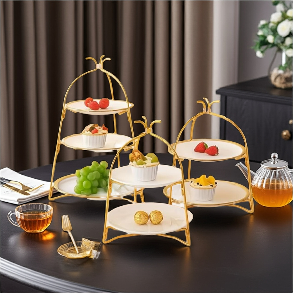 3-Tiered Fruit Cake Rack - Elegant Gold Stand for Parties & Events