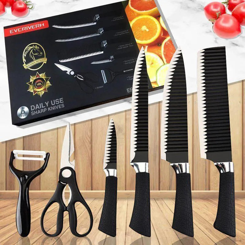 Premium 6-Piece Stainless Steel Kitchen Knife Set - Professional Sharpener Tool