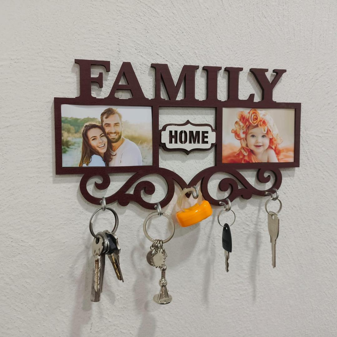 Family Picture Frame Key Holder - Wooden Wall Mount with 4 Hooks | Home Organization