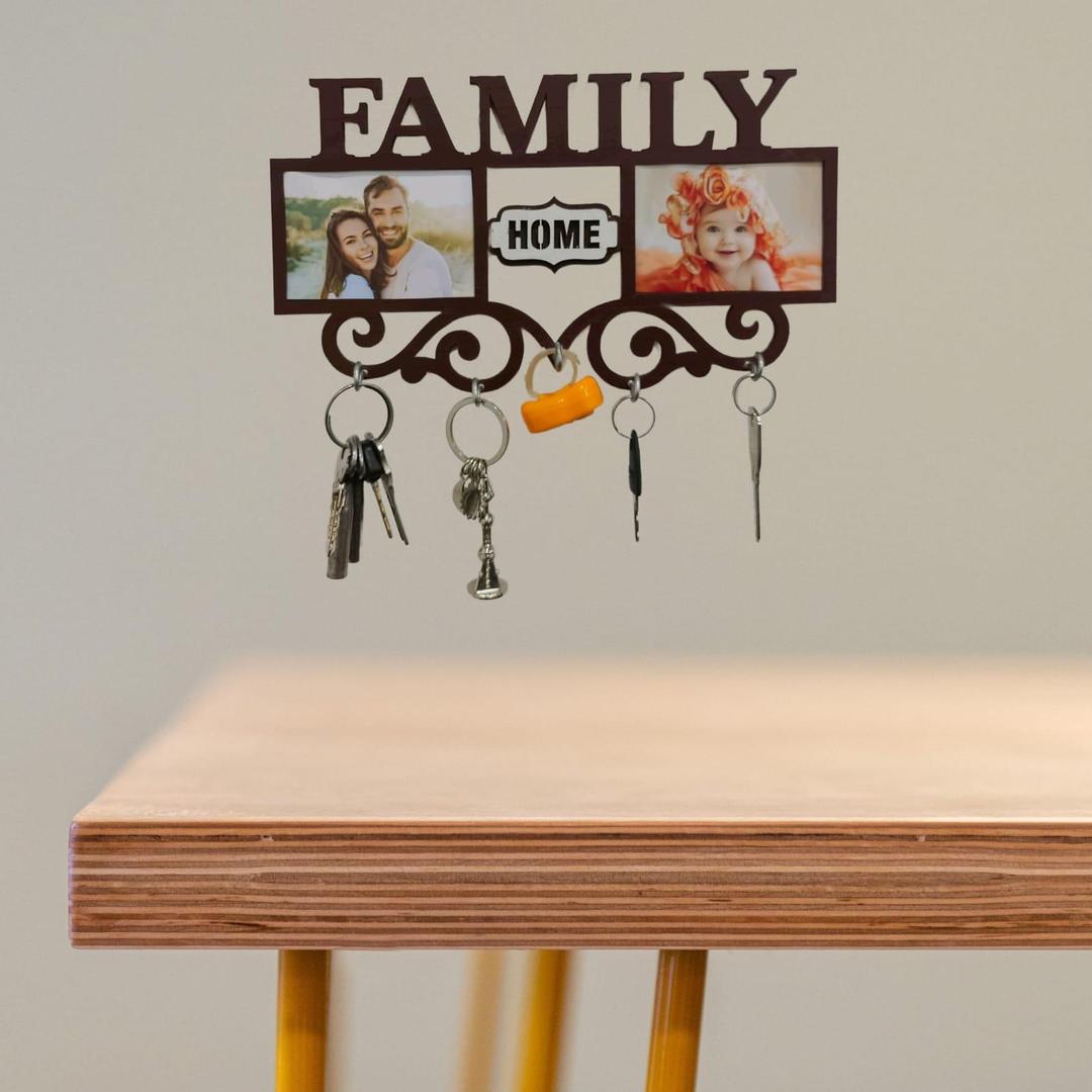Family Picture Frame Key Holder - Wooden Wall Mount with 4 Hooks | Home Organization