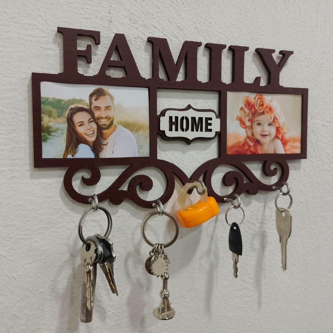 Family Picture Frame Key Holder - Wooden Wall Mount with 4 Hooks | Home Organization