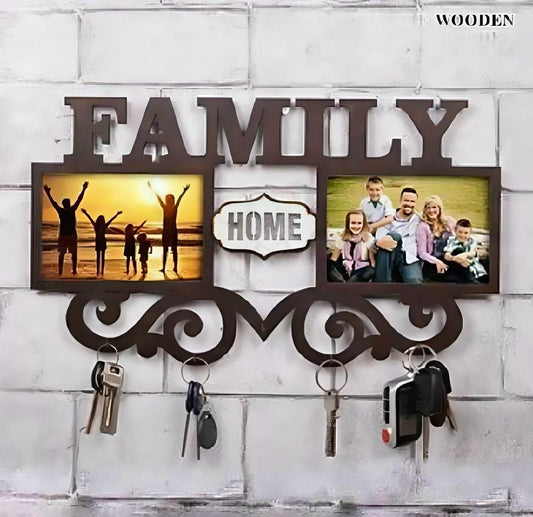 Family Picture Frame Key Holder - Wooden Wall Mount with 4 Hooks | Home Organization