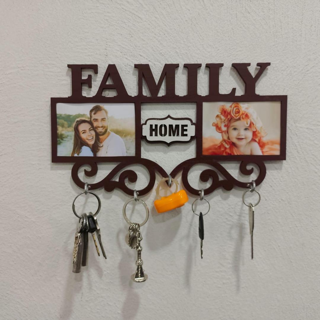 Family Picture Frame Key Holder - Wooden Wall Mount with 4 Hooks | Home Organization