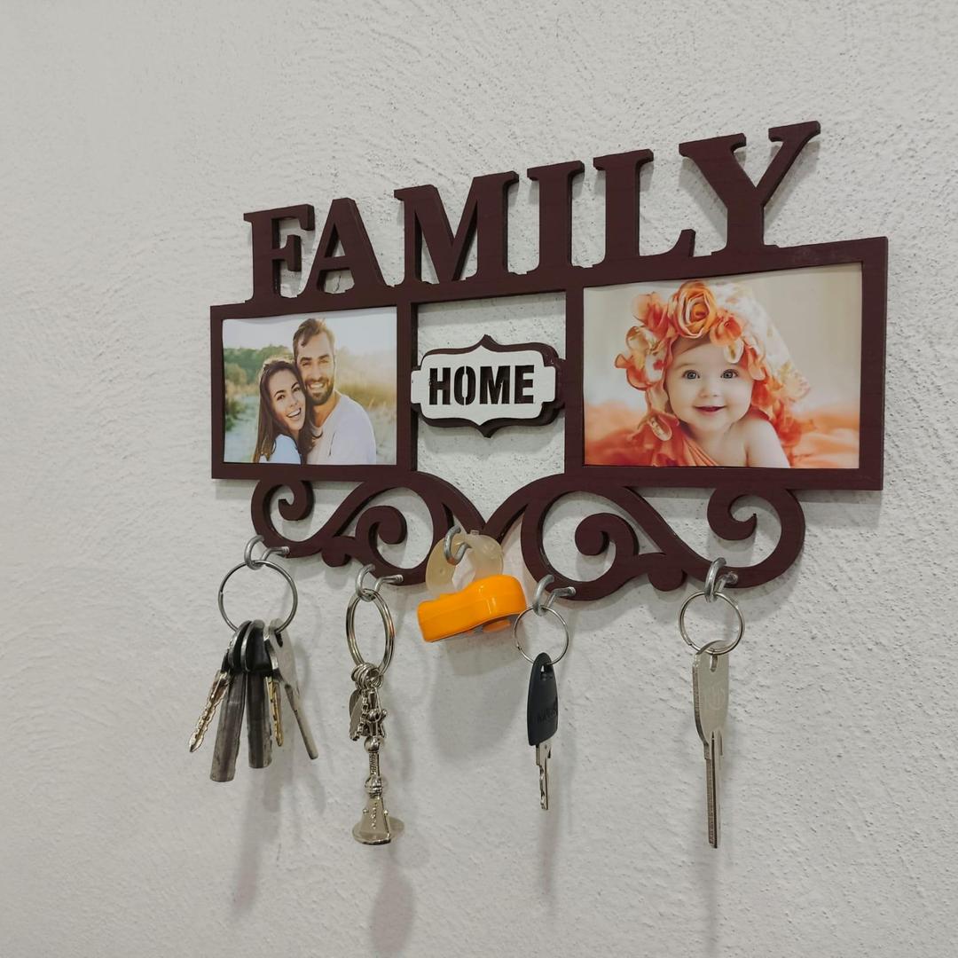 Family Picture Frame Key Holder - Wooden Wall Mount with 4 Hooks | Home Organization